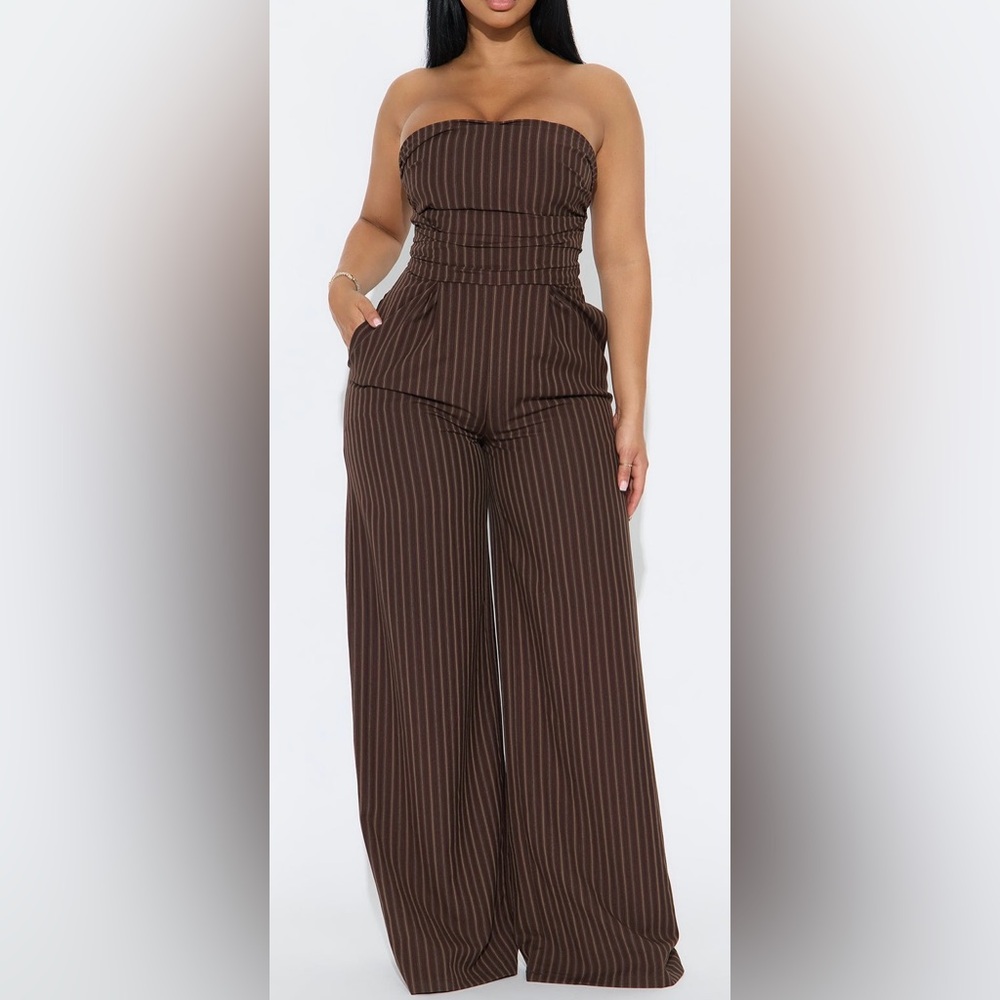 NWT Fashion Nova Pinstripe Brown Jumpsuit